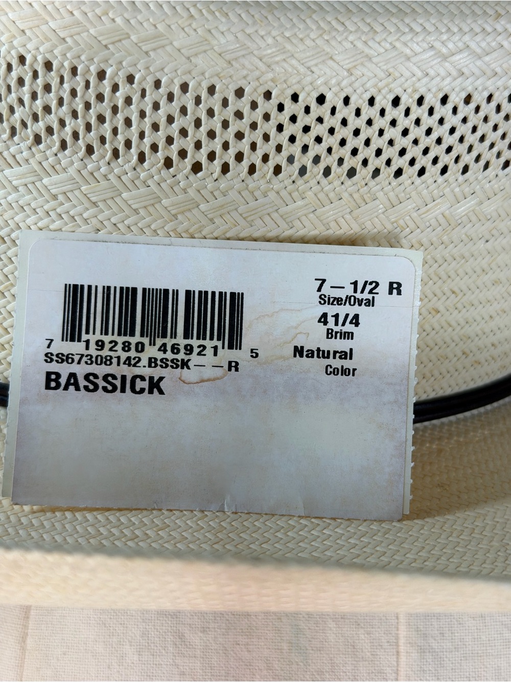 Stetson Bassick Natural Straw Hat with Brown Leather Sweatband 7.5 oval Brim 4.5 - Picture 10 of 10